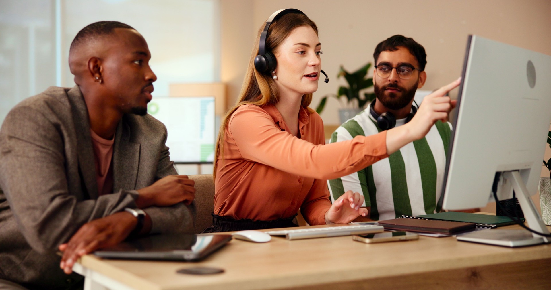 Computer, manager or people in customer service training, telecom or online support coaching. Leadership, lead generation or virtual assistant pointing for inbound sales, call center help or question